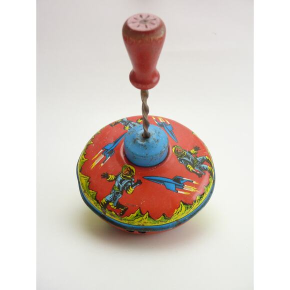 Vintage 1960 Ohio Art Tin 5" Spinning Top Toy Astronaut Space Ship - Picture 1 of 4